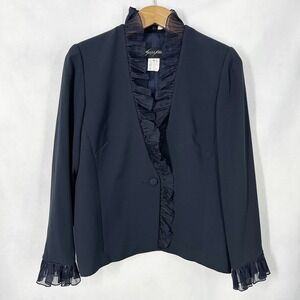 Sunny Choi Silk Ruffle Trim Long Sleeve Solid Navy‎ Blue Jacket Women's Size 14